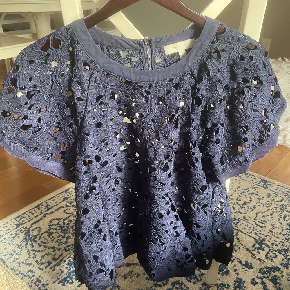 Anthropologie navy blouse with zipped back